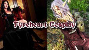 Image shows Fyreheart Cosplay in two outfits with the text Fyreheart Cosplay