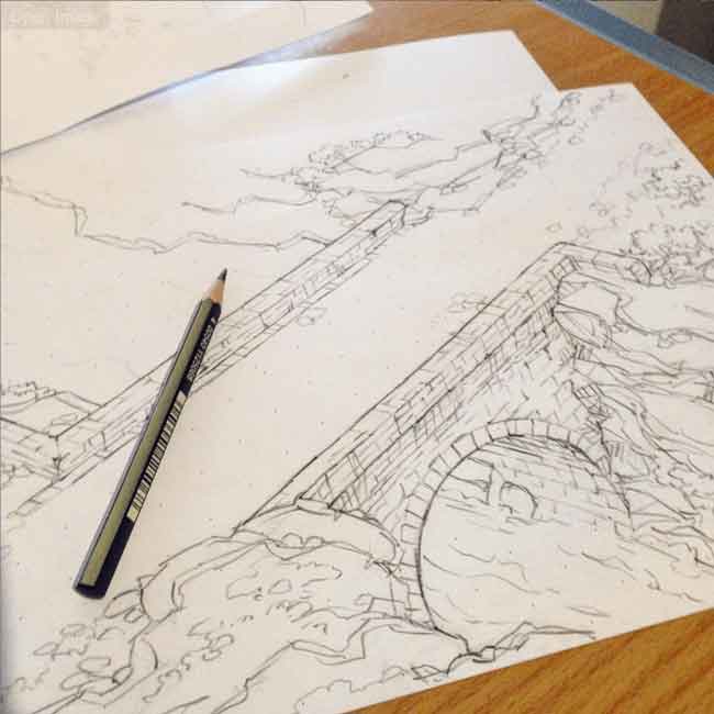 Image shows drawing of bridge in pencil a work in progress by 2 Minute Tabletop